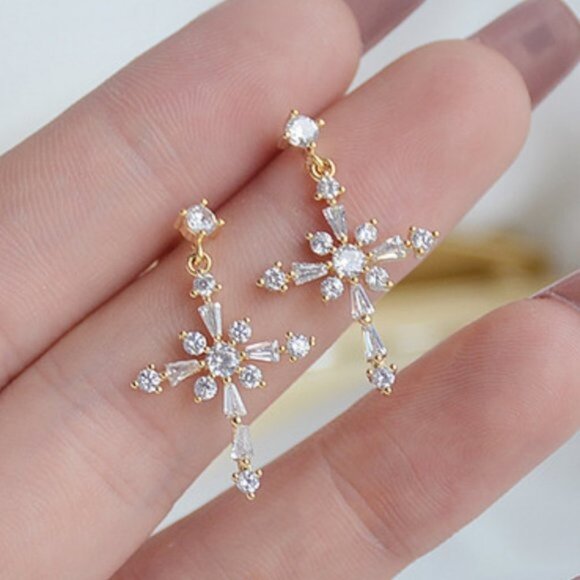 NEW 14K Gold Plated Diamond Cross Drop Earrings - Picture 1 of 5